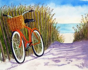 Beach Scene With Orange Bicycle Paint by numbers