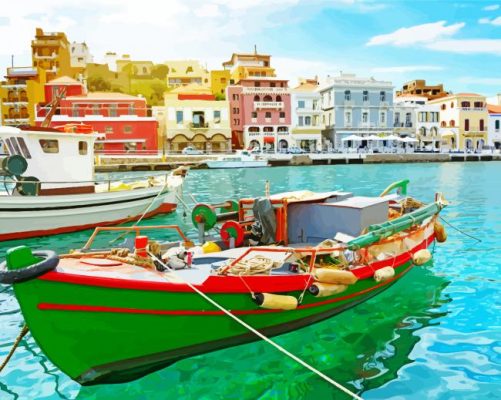 Boat And Buildings in Agios Nikolaos paint by numbers