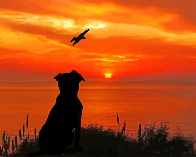 Dog Silhouette In Sunset Paint By Numbers - Numeral Paint Kit