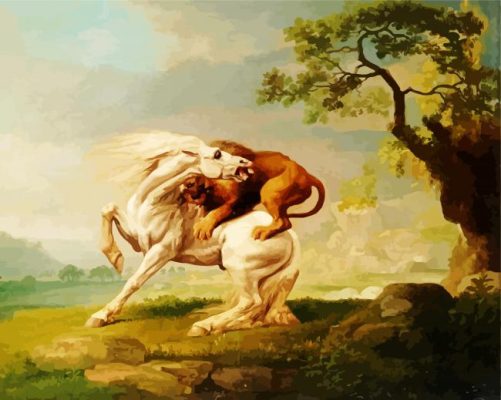 a lion attacking a horse by George Stubbs paint by numbers