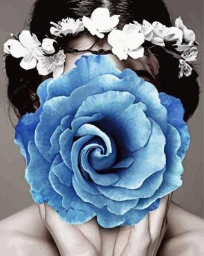 black and white lady with blue flower paint by number