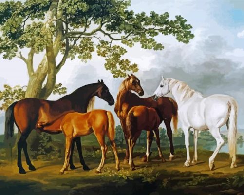 mares and foals in a river landscape by George Stubbs paint by number