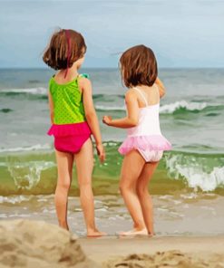 Two Little Girls Running on Beach paint by numbers