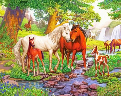 Waterfall Horses Art paint by numbers