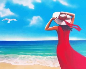 Lady In Red By The Seaside paint by number