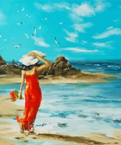 Lady In Red By The Seaside paint by number