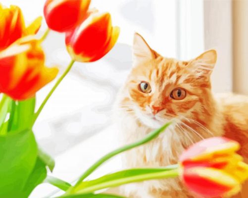 Spring Cat And Tulips paint by number
