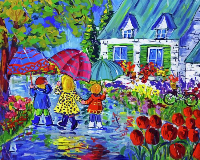 Kids In The Rain Art Paint By Numbers - Numeral Paint Kit