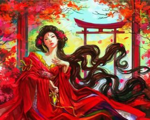 Asian Lady Wearing Red Kimono paint by numbers