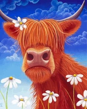 Highland Cow Art With Daisies paint by numbers