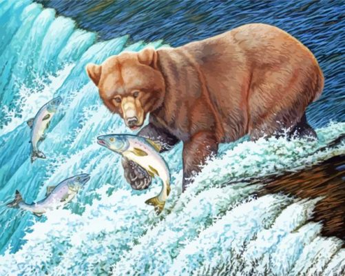 Brown Bear With Fish  paint by numbers