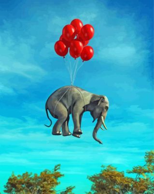Flying Elephant With Red Balloons paint by numbers
