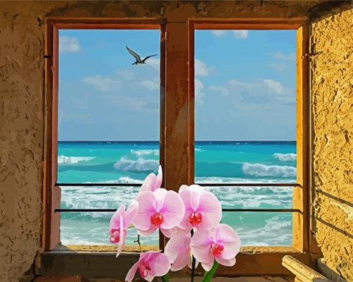 Flowers In Window By Sea paint by numbers 