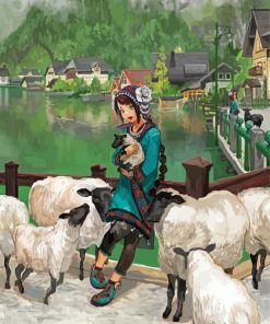 Girl With Sheeps paint by numbers