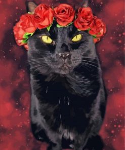 Aesthetic Black Cat And Flowers Crown paint by numbers
