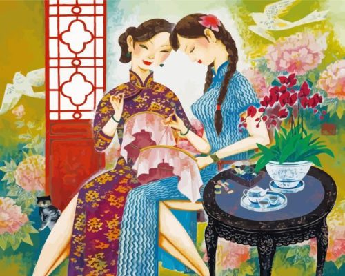 Asian Women Embroidering Paint By Numbers 