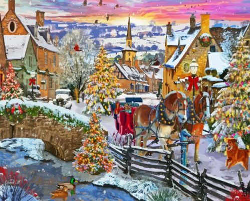 Vintage christmas evening village paint by numbers