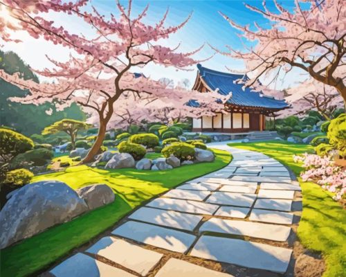 Cherry Blossom Japanese Garden paint by number