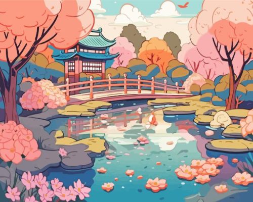 Illustration Spring Japanese Garden paint by number