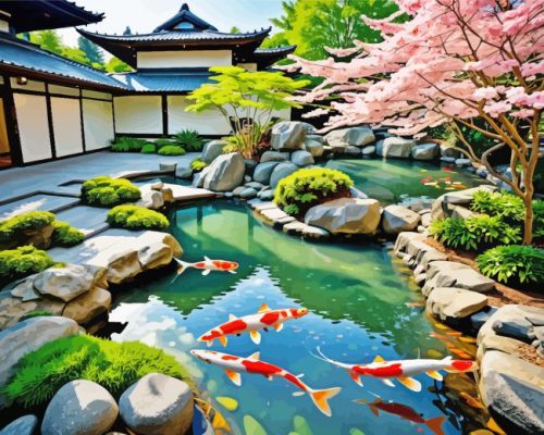 Japanese Garden fishpond paint by number