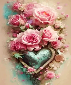 Metal Heart And Pink Roses Paint By Numbers