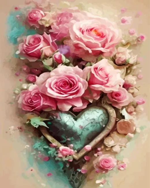 metal heart and pink roses paint by number Metal Heart And Pink Roses Paint By Numbers