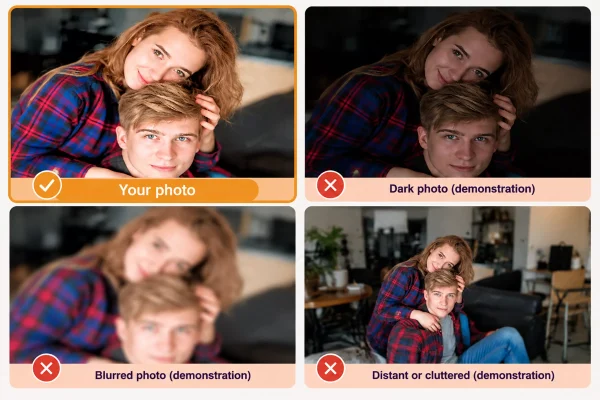 Couple portrait examples comparing clear detail with dark, blurred and poorly composed versions