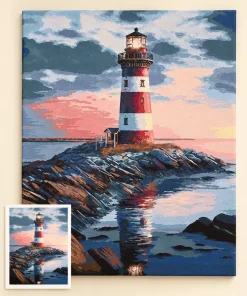 Custom paint by numbers painting of a coastal view with a lighthouse, shoreline and visible horizon, with its source photograph