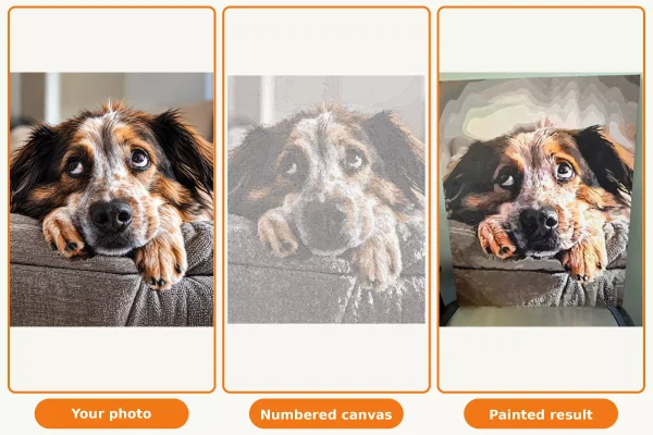 Original dog photo, matching numbered canvas and completed custom painting
