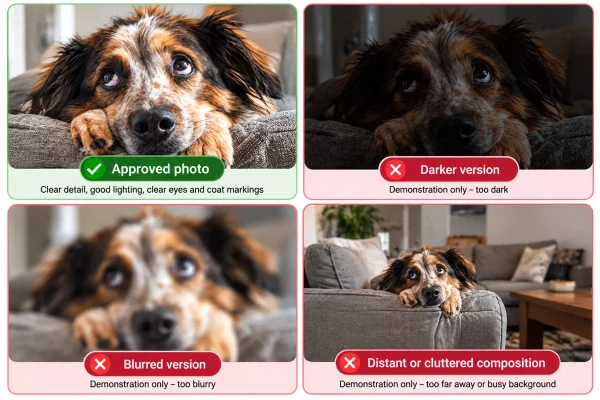 Dog photo examples comparing clear detail with dark, blurred and poorly composed versions