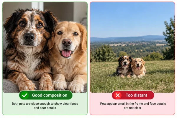 Two-pet photo examples comparing clearly visible faces with pets appearing small in the frame