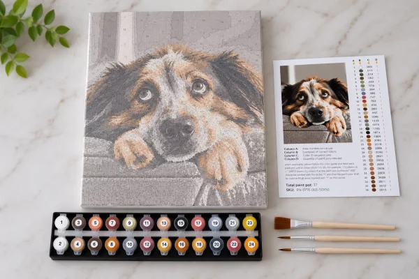 Custom pet kit with numbered canvas, matching acrylic paints, brushes and reference image