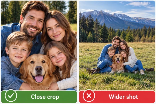 Family photo examples comparing clearly visible faces with faces appearing small in a wider view