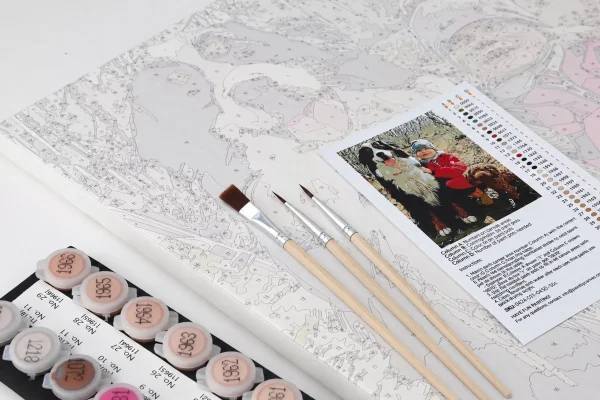 Custom portrait kit with numbered canvas, matching acrylic paints, brushes and reference image