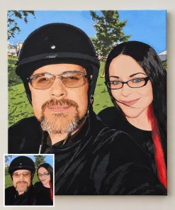 Custom paint by numbers painting of a couple with both faces clearly visible in balanced daylight, with its source photograph
