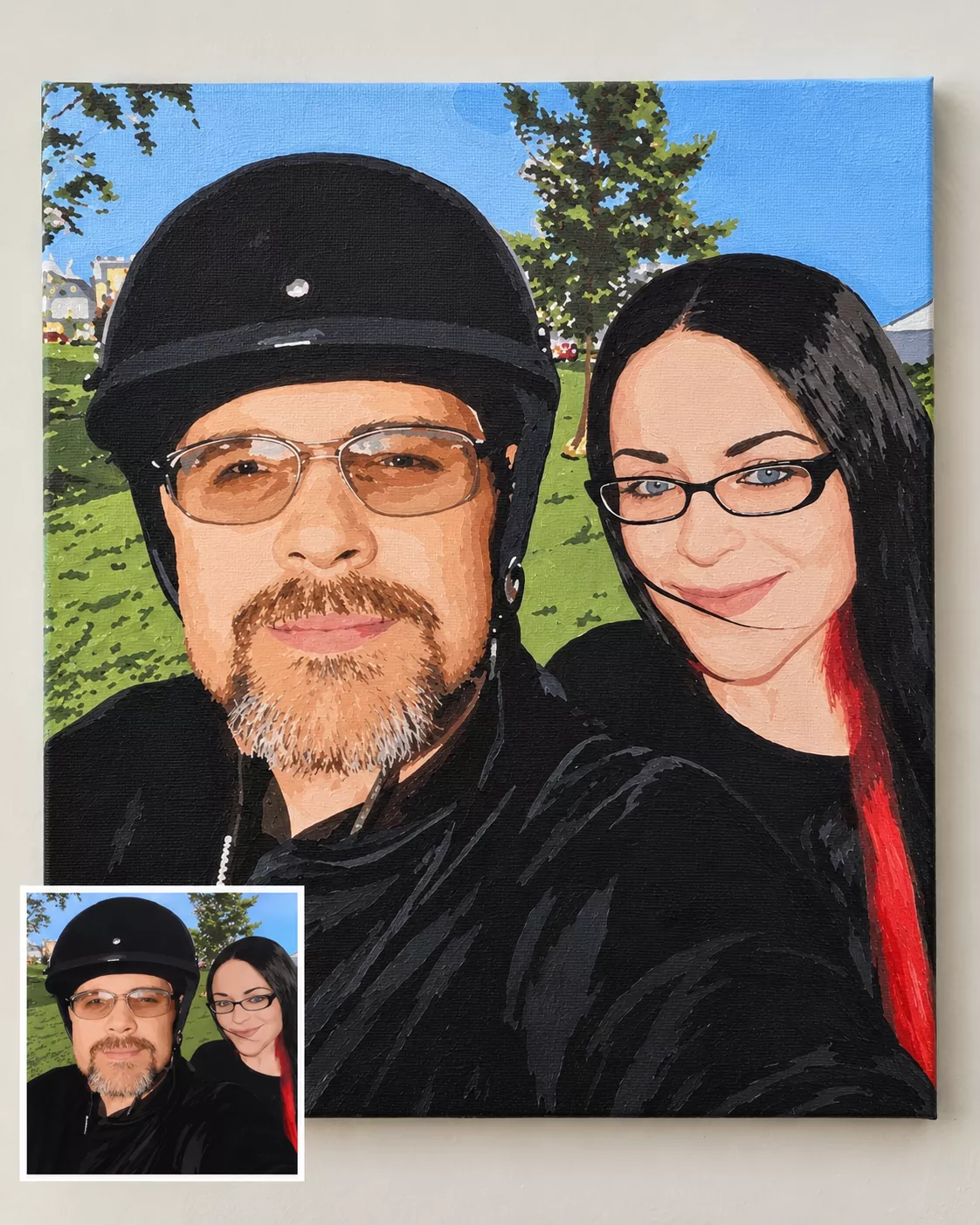 numeralpaint-custom-portrait-featured Custom paint by numbers painting of a couple with both faces clearly visible in balanced daylight, with its source photograph