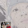 Close-up of numbered canvas sections for eyes, facial contours and natural skin tones in a custom painting