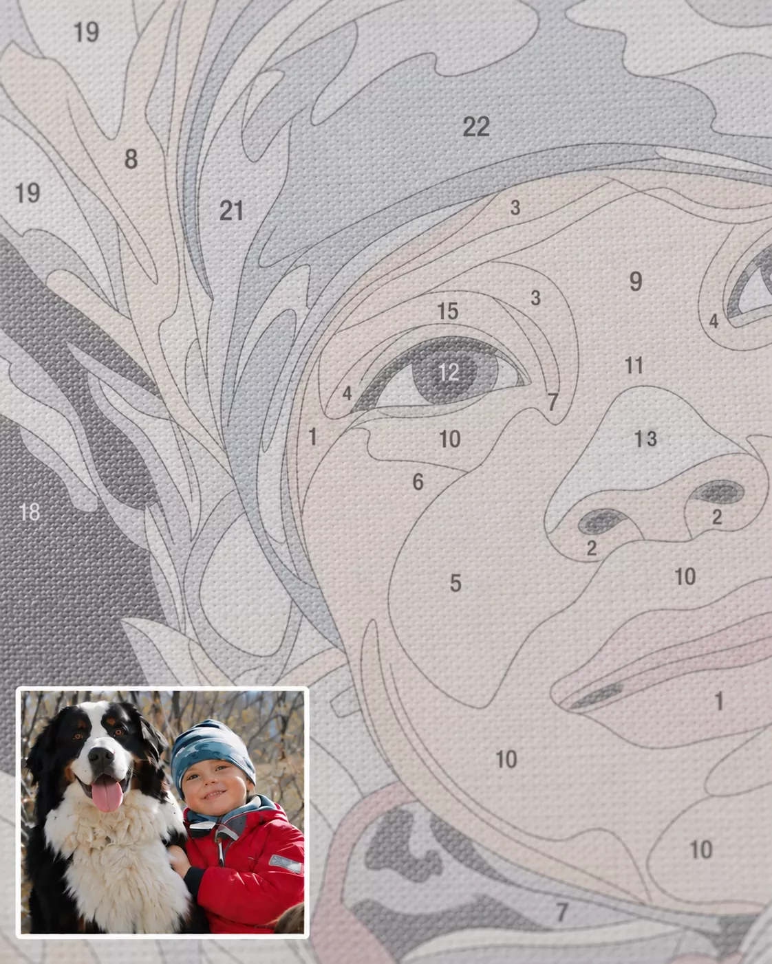 numeralpaint-custom-portrait-gallery-03-numbered-canvas Close-up of numbered canvas sections for eyes, facial contours and natural skin tones in a custom painting