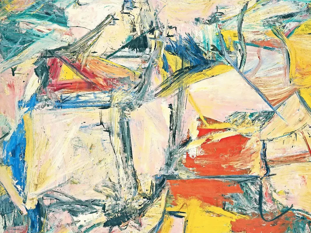 Abstract brushstrokes from Willem de Kooning’s Interchange painting in bold reds and yellows