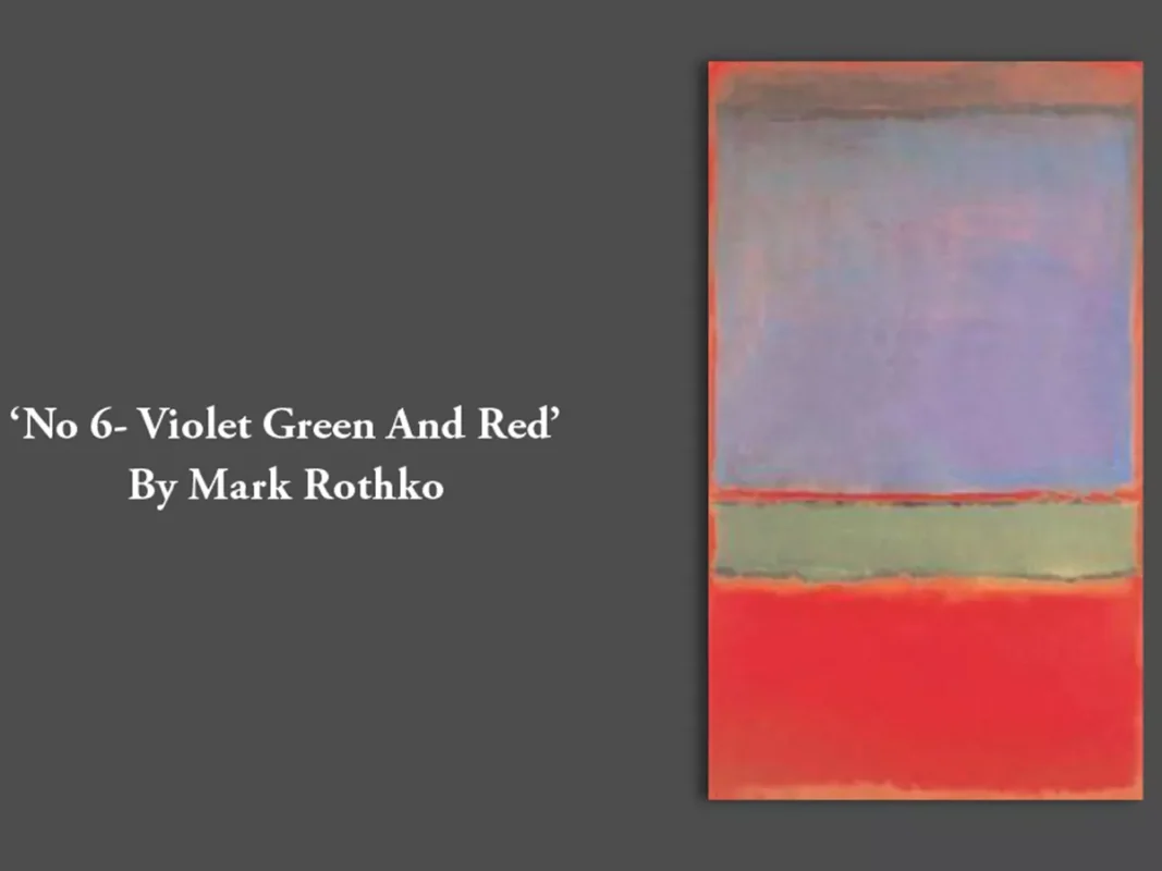 Soft color blocks of violet, green, and red in Mark Rothko’s No. 6 abstract painting