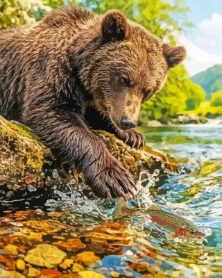 Brown Bear Catching A Fish Paint By Numbers