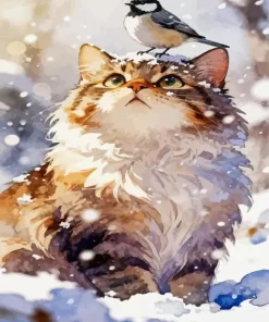 Cat And Bird Snow Paint By Numbers
