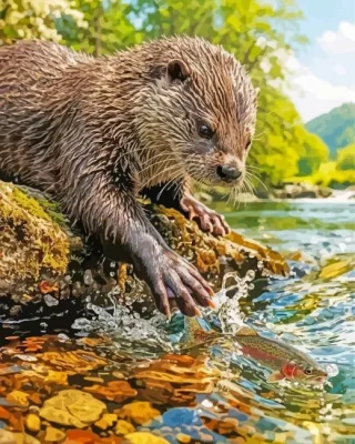 Otter Trying To Catch A Fish Paint By Numbers 