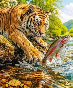 Tiger Catching A Fish Paint By Numbers