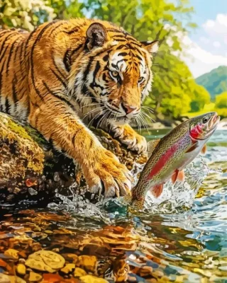 Tiger Catching A Fish Paint By Numbers