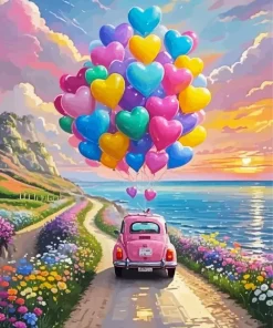 Pink Car And Heart Balloons Paint By Numbers
