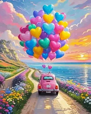 Pink Car And Heart Balloons Paint By Numbers 