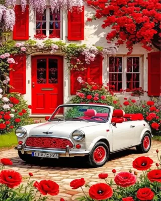 White Car And Flowers Paint By Numbers 