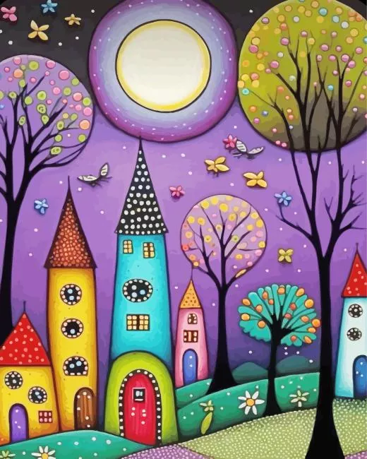 Whimsical houses paint by numbers Whimsical Cats Paint By Numbers