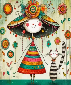 Whimsical Lady And Cat Paint By Numbers